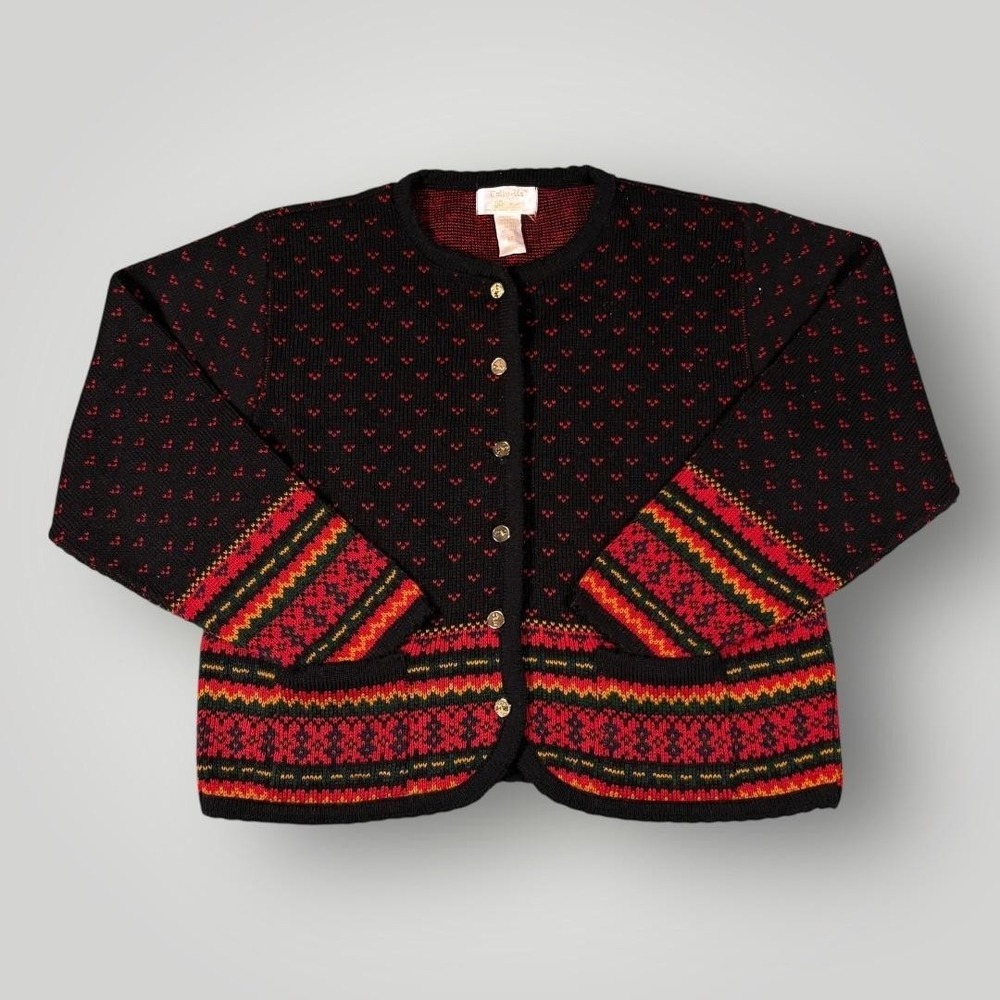 Vintage Tally Ho Birds Eye Floral Cardigan Sweater Womens M Acrylic Nordic Black
